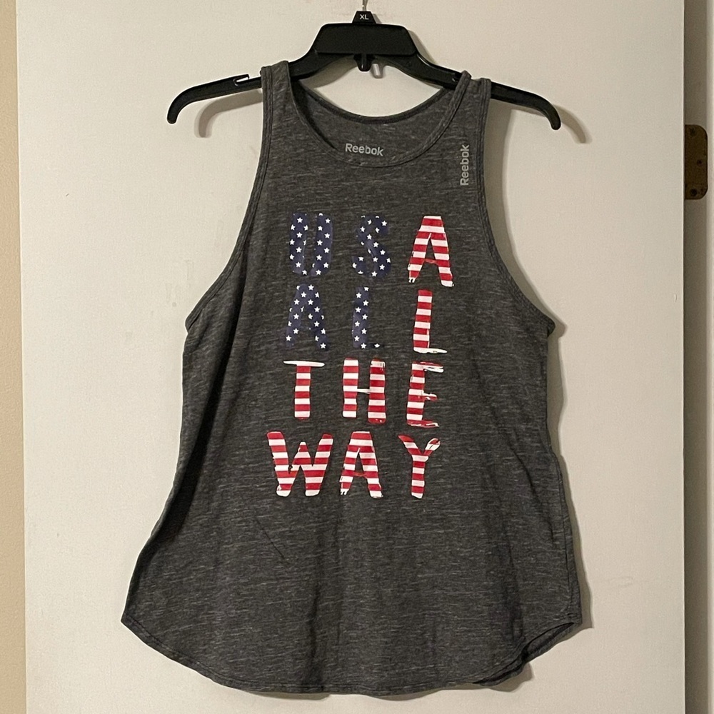 Reebok Razorback tank with USA all‎ the way in red ,white and blue.